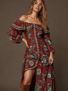 Farm Rio Red Tropical Landing Off Shoulder Maxi Dress NWT Size M